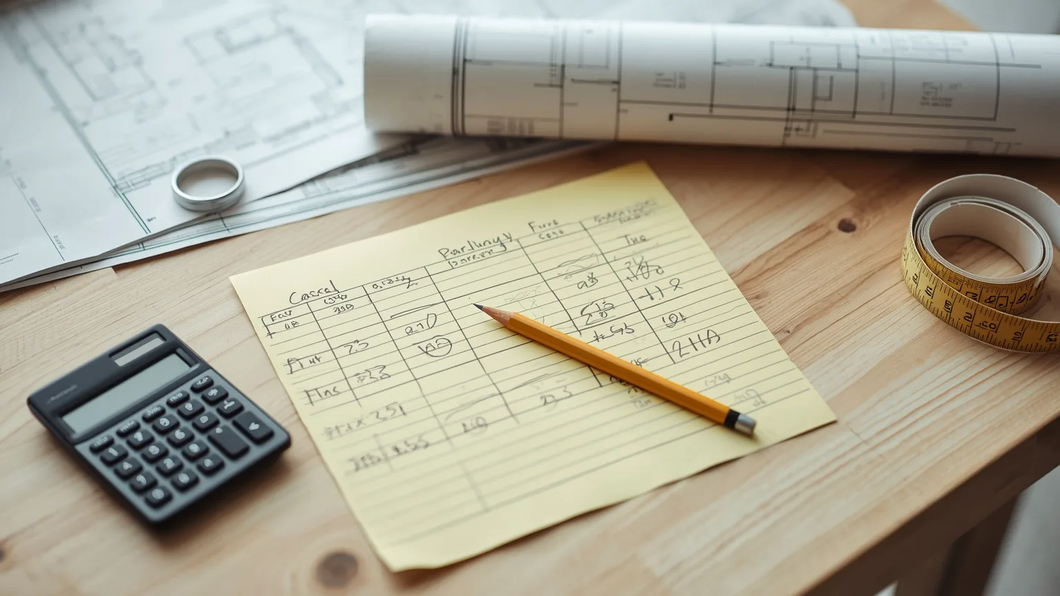 Estimate notes, calculator, tape measure and blueprints laid out on a workbench