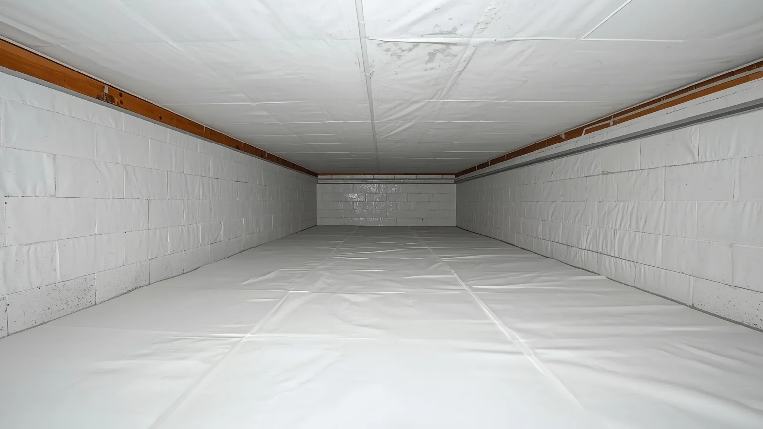Crawl space fully encapsulated in white vapor barrier with every seam and corner sealed