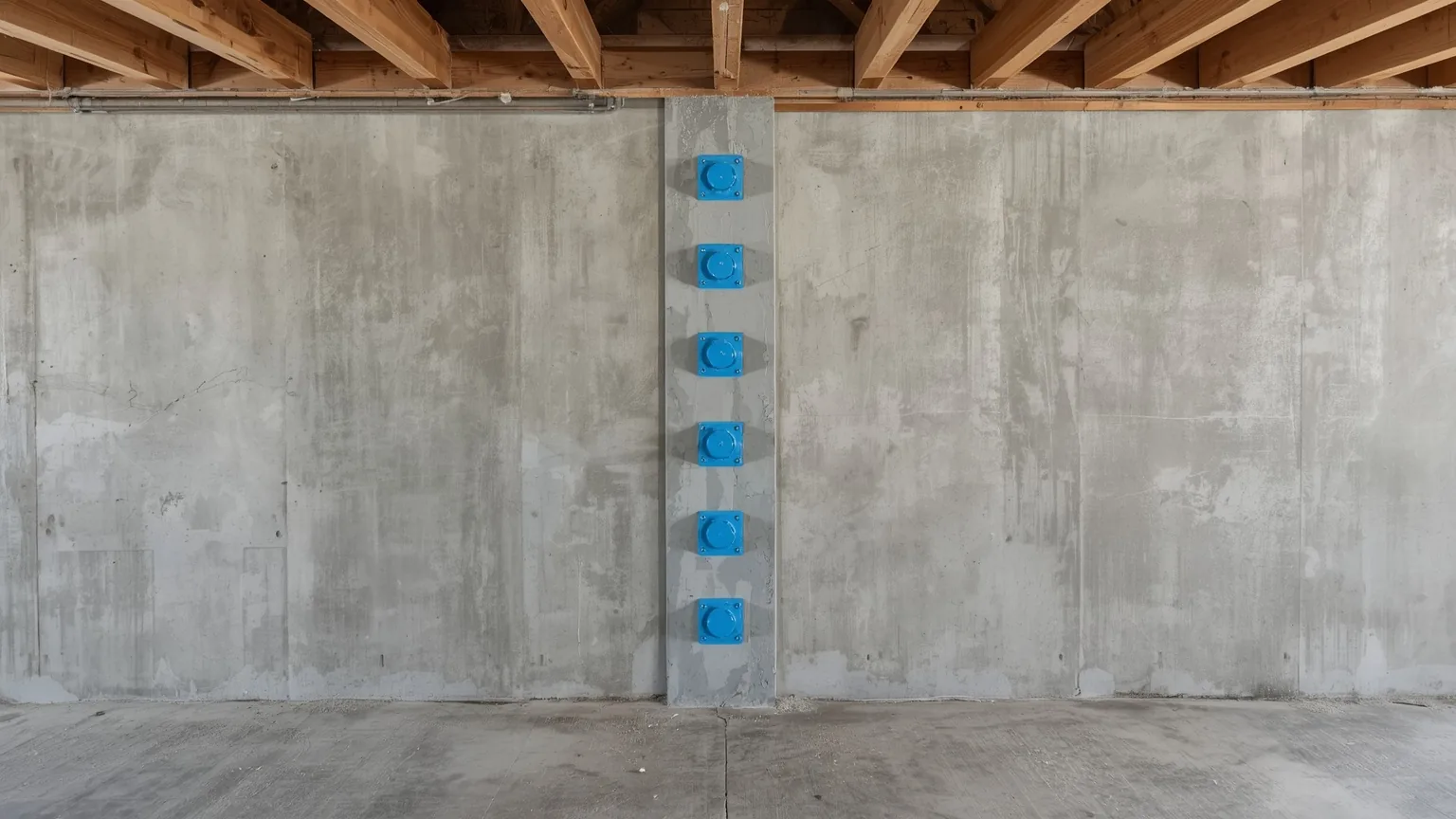 Vertical crack in a poured foundation wall sealed with epoxy and a column of injection ports