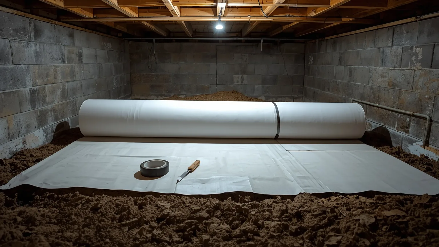 White vapor barrier partly unrolled across bare crawl space soil with seam tape and a knife